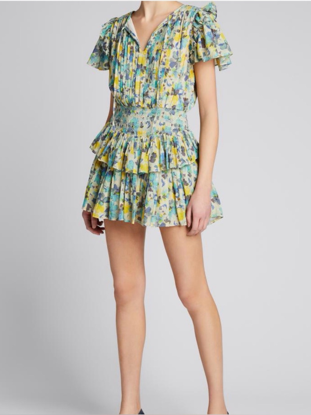 LoveShackFancy Audette Ruffled Floral Mini Dress - Size Medium